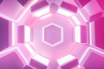 Poster - Modern geometric design featuring hexagon shapes in vibrant pink and purple lighting, Modern geometric background with hexagon shapes 3D render VJ