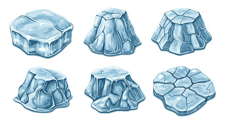 Poster - Illustration of six stylized ice formations with varying shapes and fractured surfaces on a white background