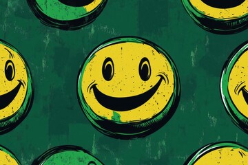 Poster - Old style green smiley face pattern with vibrant colors for a cheerful vibe in digital design, Green old style smiley face Seamless