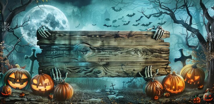 A wooden sign with an empty space for text, surrounded by Halloween decorations such as pumpkins and skeleton hands holding the edge of it.