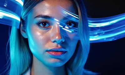 Wall Mural - a close-up portrait of a woman with glowing blue light trails, showcasing modern digital art