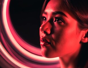 Wall Mural - a close-up portrait of a woman with glowing light trails in a dark background, exuding a vibrant atm
