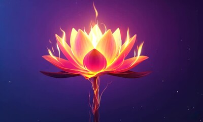 Wall Mural - A vibrant lotus flower illuminated with flames against a dark gradient background, symbolizing beauty and transformation
