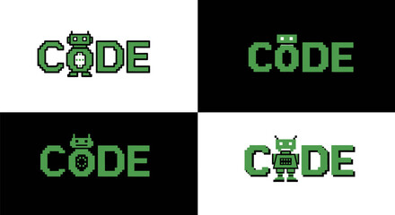 Poster - Pixel art code robot programming coding developer software engineering ai machine learning tech design 8bit retro editable stock vector illustration