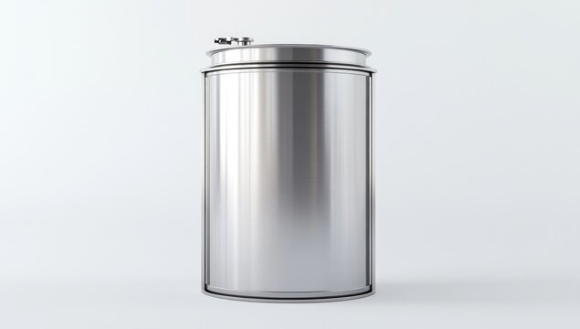 Simplified 3D rendering of an industrial stainless steel tank, set against a stark white background for easy composition and focus on textures and form.