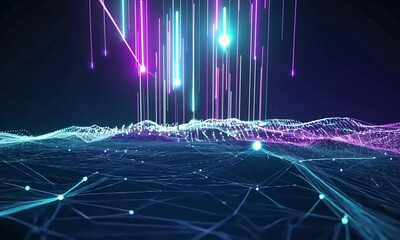 Wall Mural - vibrant abstract digital landscape with neon light beams and flowing data patterns at night