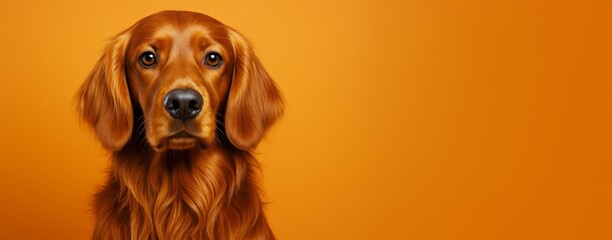 Poster - Close-up of golden retriever dog with glossy fur and expressive eyes on vibrant orange background with copy space for advertising or design concept.