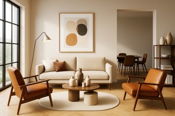 Poster - Modern cozy living room interior with beige sofa, brown leather chairs, wooden furniture, and minimalist decor in natural light setting.