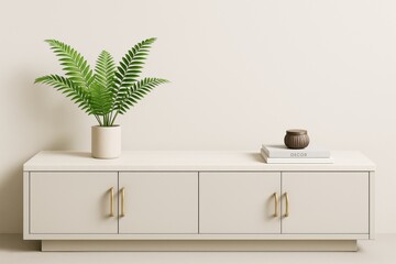 Poster - Minimalist sideboard with potted plant and decor items in bright modern interior with beige walls and clean lines on smooth light background.