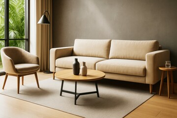 Aufkleber - Contemporary beige living room interior with wooden furniture, neutral tones, and natural light from large window creating serene atmosphere.
