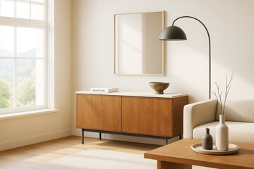 Aufkleber - Minimalist modern living room interior with wooden furniture, neutral decor, soft natural sunlight, and clean architectural design style.