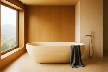 Poster - Modern minimalist bathroom interior with freestanding stone bathtub, wooden walls, and natural light from large window in contemporary design space.
