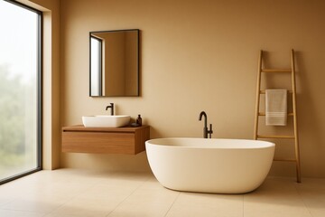 Poster - Modern minimalist bathroom interior with freestanding bathtub, wooden vanity, and ladder towel rack in warm tones and soft natural light.