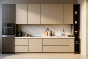 Poster - Minimalist modern kitchen interior with beige cabinets, marble backsplash, and natural light accentuating sleek contemporary design elements.