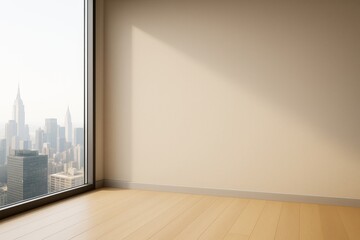 Poster - Modern empty interior room with wooden floor and large window view of cityscape in daylight, minimal contemporary wall and architecture concept.