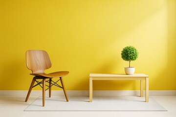 Poster - Minimalist modern interior with wooden chair, table and green plant on light rug against vibrant yellow wall in bright empty room.