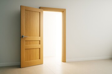 Poster - Wooden door opening into a brightly lit empty modern room with tiled floor and plain walls in minimalist architectural interior design style.