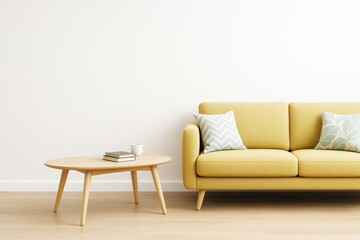 Aufkleber - Yellow modern sofa with accent pillows and wooden coffee table in bright minimalist room interior with empty white wall background.