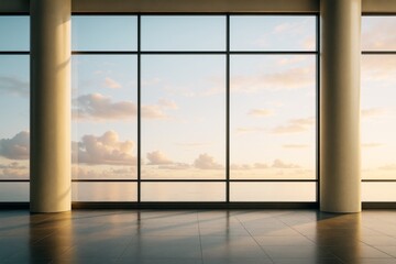 Poster - Modern empty interior room with large windows overlooking ocean horizon at sunset, warm light, minimal design, contemporary architecture style.