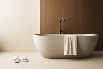 Poster - Minimalist modern bathroom interior with elegant freestanding bathtub, soft lighting, wooden wall panels, and beige tiles on the floor and wall.