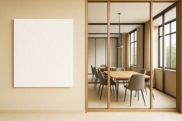 Poster - Modern office interior with glass-walled meeting room and blank white canvas on beige wall, featuring contemporary decor and natural light.
