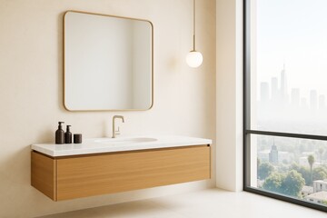 Aufkleber - Minimalist modern bathroom interior with floating vanity, large mirror, pendant light, and city view through tall window on bright day.
