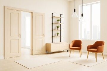 Poster - Modern minimalist interior room with wooden doors, orange chairs, and shelving with potted plants in warm daylight setting.