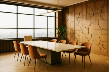 Poster - Modern conference room with geometric wood wall panels, large window, and elegant decor in warm tones with natural light and contemporary furniture.