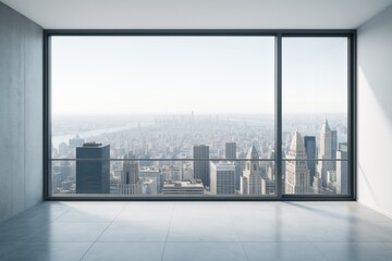 Aufkleber - Modern empty room with large window overlooking city skyline in soft daylight, showcasing contemporary architecture and interior space concept.