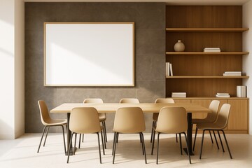 Aufkleber - Contemporary meeting room interior with beige chairs, wooden table, blank frame on wall, and built-in wooden shelves in natural daylight setting.
