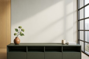 Aufkleber - Modern interior scene with green sideboard, decorative vase, books and large window casting shadows on blank wall in bright daylight.