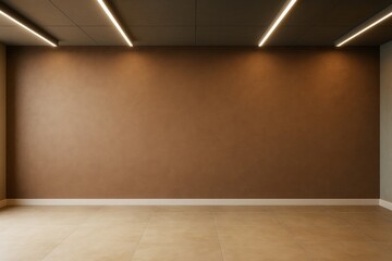 Poster - Minimal modern empty room with brown wall and ceiling lights, ideal for branding, copyspace or interior design concept mockup template background.