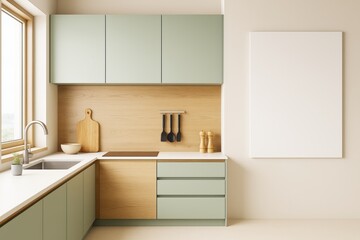 Aufkleber - Modern light kitchen interior with green cabinets, wooden accents and blank canvas on wall for mockup or branding in contemporary home decor.