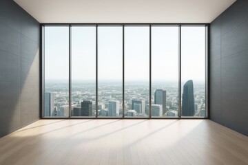 Poster - Empty modern high-rise room with panoramic city view through large glass windows in contemporary architectural interior space with natural light.