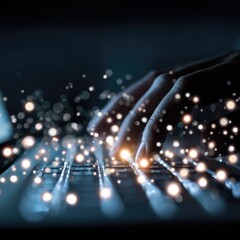 hands typing on glowing laptop keyboard, bokeh effect
