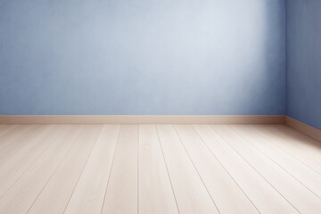 Poster - Minimalistic empty interior room with light wood flooring and soft blue walls for mockup or branding concept in clean architectural style.