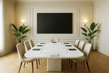 Poster - Elegant modern conference room with beige walls, marble table, digital display screen, and indoor plants in contemporary office setting.