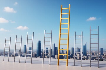 Poster - One tall yellow ladder among shorter silver ladders on rooftop with modern cityscape in background and blue sky symbolizing business success.