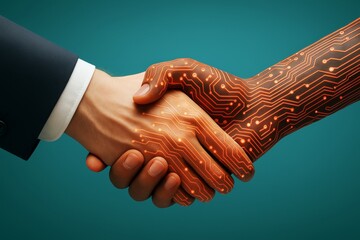 Aufkleber - Human hand shaking with a robotic hand covered in glowing circuit patterns on teal background, symbolizing business partnership in technology concept.