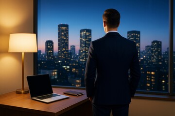 Poster - Businessman in suit standing by office window overlooking city skyline with lights at dusk, concept of ambition and success in modern business world.