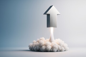 Aufkleber - Metallic upward arrow launching like a rocket with smoke clouds on light background symbolizing business growth and creative progress.