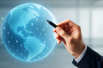 Aufkleber - Business hand holding pen interacting with digital globe and binary code on futuristic light background, symbolizing global data and innovation concept.