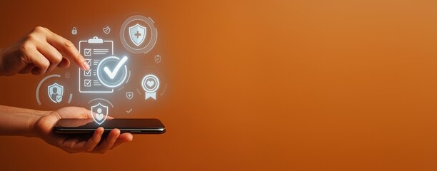 Poster - Digital checklist icons hovering above smartphone held by hands, representing security and data validation on orange background with copy space.