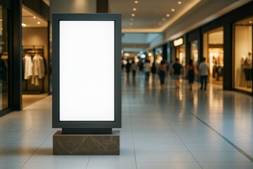 Aufkleber - Blank advertising billboard standing in modern shopping mall hallway with blurred people and store displays in the background.