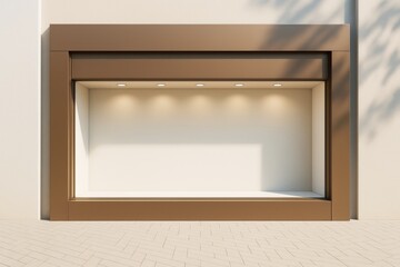 Aufkleber - Minimalist storefront mockup with blank display space and warm lighting for advertising or branding presentation on clean outdoor wall background.