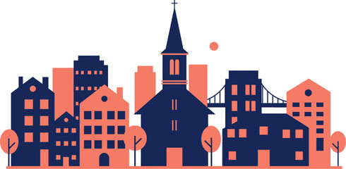 Poster - Vector city skyline illustration with buildings church and bridge in modern flat style design art editable stock vector illustration