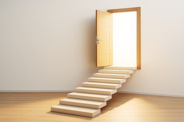 Poster - Floating staircase leading to open door with bright light in minimalist interior, symbolizing opportunity, future or new beginnings. Ai generative.