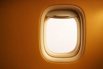 Poster - Minimalist close-up of airplane window with soft warm light and smooth yellow-orange background for abstract travel and aviation concept.