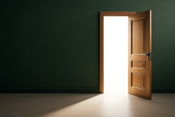 Poster - Wooden door opened to bright white light in dark interior space with dramatic lighting and shadows on minimalist background. Ai generative.