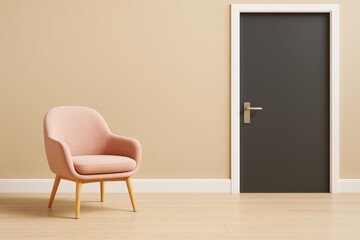 Poster - Modern minimal interior with pink armchair and dark closed door on beige background in soft light, stylish and clean composition concept.